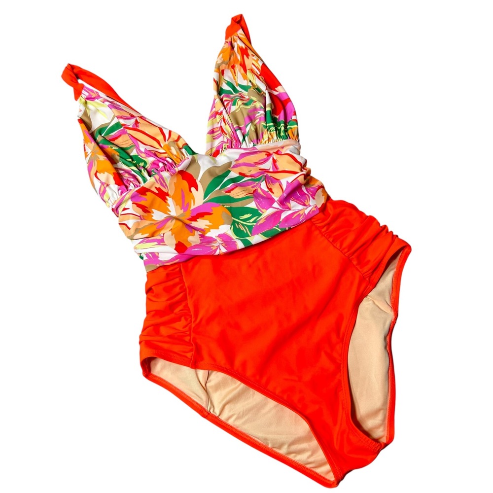 New Womens Swimsuit S/M Floral One Piece Ruched Orange Accents Pool Beach‎